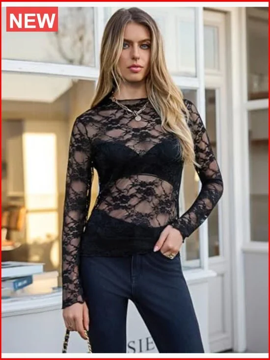 Long Sleeve Lace Top Sheer Mesh T-Shirt Y2K Style - Picture 4 of 6